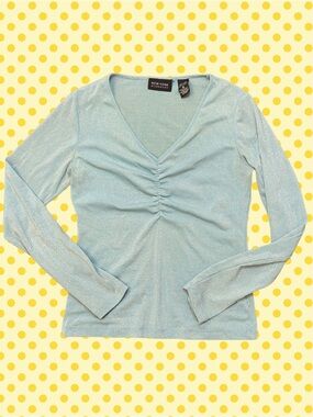 New York & Company Light Blue Shimmer V-Neck Ruched Long Sleeve Top